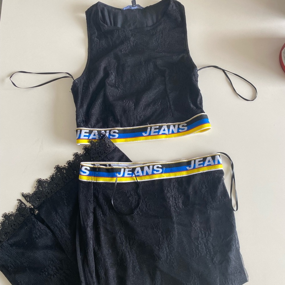 Black Lace Jeans Skirt and Top Set